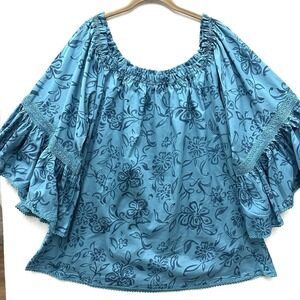 RU Apparel Womens XL Off Shoulder Top Bell Sleeves Elastic Crochet Aloha Western